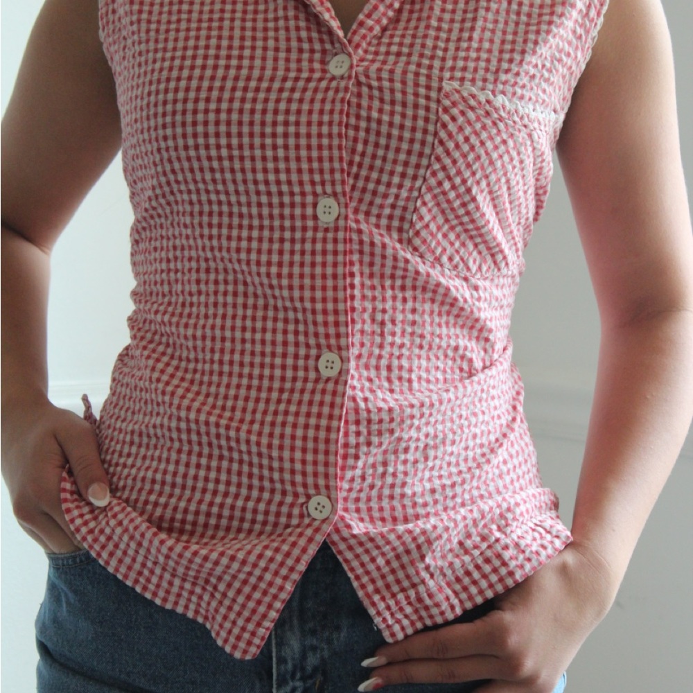 Red and White Gingham Sleeveless Blouse